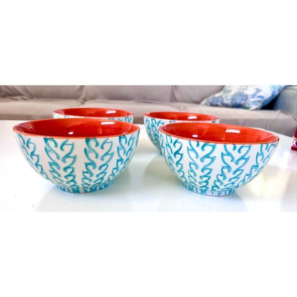 BAUM TANGIER 4- Soup Bowls Turqoise Orange Stoneware Dinnerware Discontinued